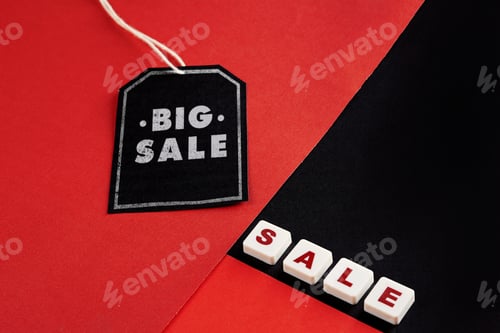 Preview: Sale Tag With Discount Witen In It On Black And Red Background. Black Friday Concept