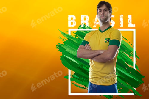 Preview: Brazilian Soccer Player, Celebrating On A Yellow Background With Copy Space.