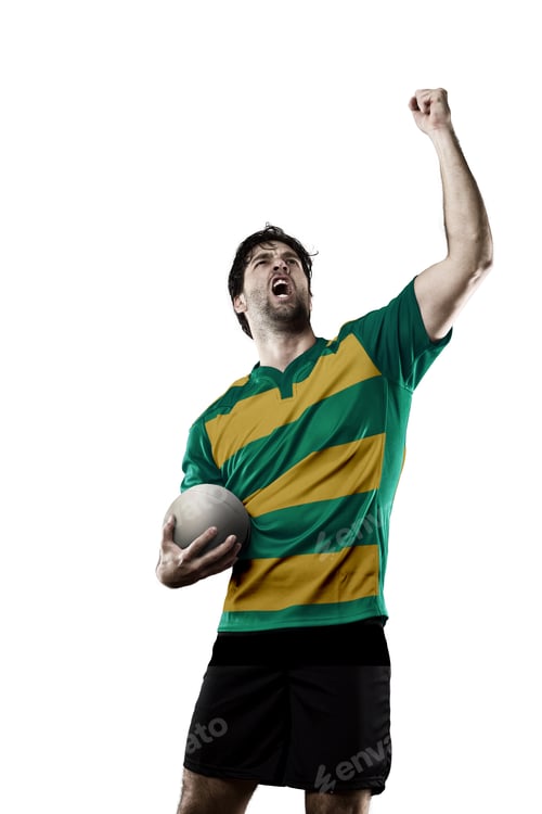 Preview: Rugby Player In A Green And Gold Uniform. White Background