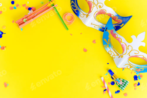 Preview: Top View Of Purim Background With Carnival Mask And Party Costume. Purim Celebration Concept