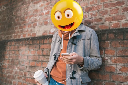 Preview: Emoji Head Man Using A Smartphone. Emoji Concept