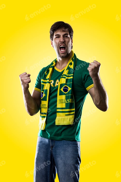 Preview: Brazilian Fan Celebrating, On A Yellow Background.