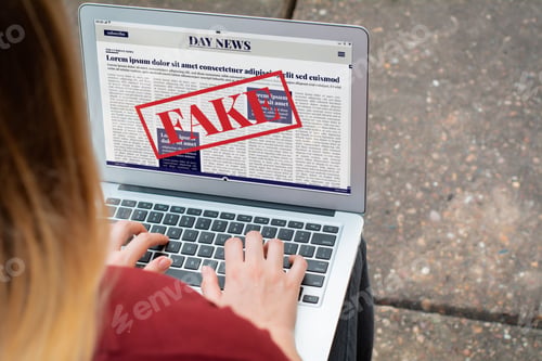 Preview: Closeup Of Young Woman Reading Digital Fake News On Laptop. Propaganda And Disinformation Online