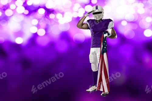 Preview: Football Player With A Purple Uniform Saluting With A American Flag, On A Purple Lights Background.