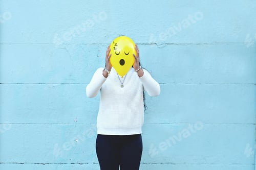 Preview: Young Woman With A Balloon On His Head With Sleeping Face In The Street