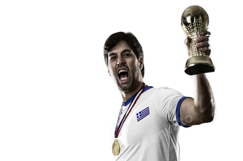Preview: Greek Soccer Player, Celebrating The Championship With A Trophy In His Hand. On A White Background.