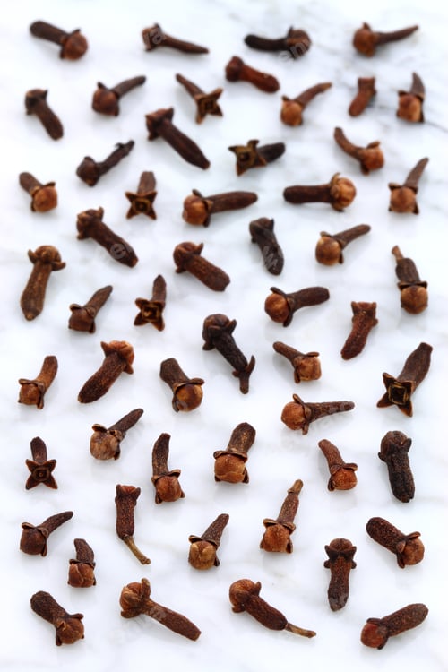 Preview: Beautiful Cloves, Aromatic Flower-Buds, On Carrara Marble Countertop.
