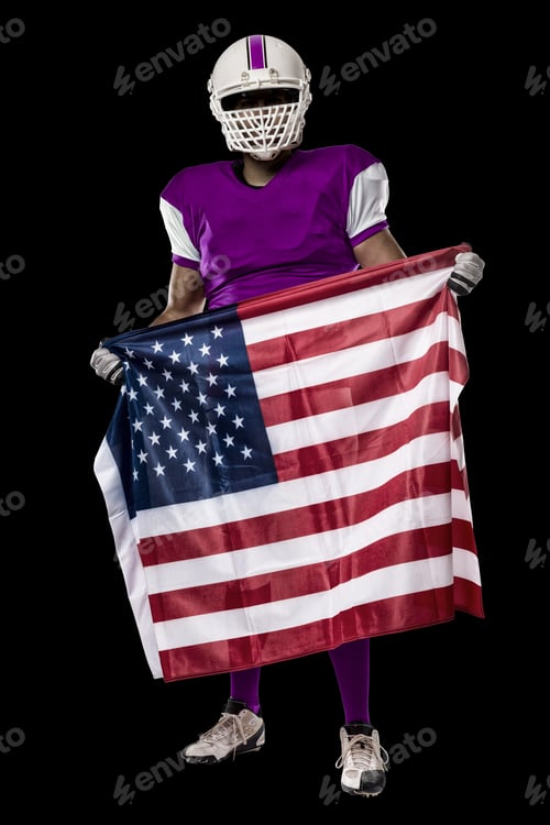 Preview: Football Player With A Pink Uniform And A American Flag, On A Black Background.