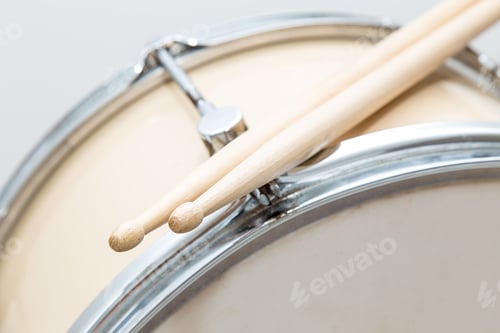 Preview: Wood Snare Drum And Drumsticks Isolated In White Background