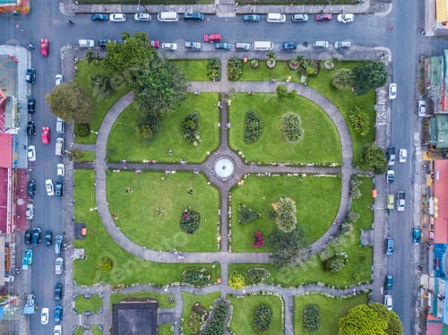 Preview: Beautiful Aerial View Of The Fortuna Town, Church, Park And The Arenal Volcano At Sunset In Costa
