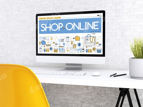 Preview: 3D Illustration. Modern Workspace And Computer With Word Shop Online. Shop Online Concept.