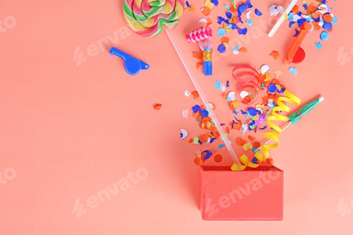 Preview: Colorful Party Frame With Birthday Objets On Orange Background. Celebration Concept