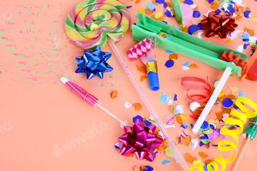 Preview: Top View Of Colorful Party Confetti Background With Place For Text. Celebration Concept