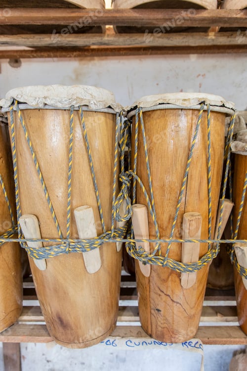 Preview: Shelf With A Variety Of Wooden Drums. Musical Instrument. Colombia.