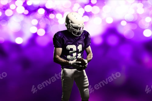 Preview: Football Player On A Purple Uniform, On A Purple Lights Background.