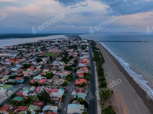Preview: Beautiful Aerial View Of The City Of Puntarenas And The Paseo De Los Turistas At The Sunset In