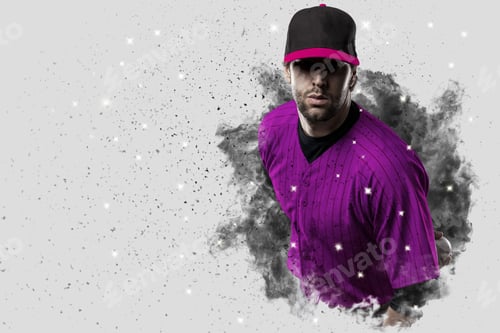 Preview: Pitcher Baseball Player With A Pink Uniform Coming Out Of A Blast Of Smoke .