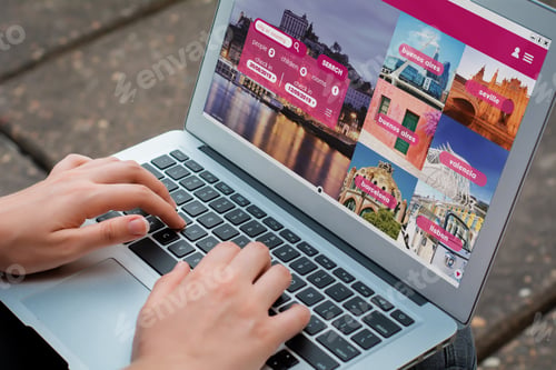 Preview: Close Up View Of Woman With Laptop Booking A Hotel On Website. Travel Concept. All Screen Graphics