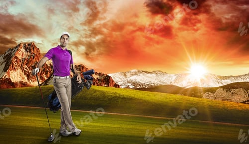 Preview: Golf Player In A Pink Shirt, Standing With A Bag Of Golf Clubs On His Back, On A Golf Course.