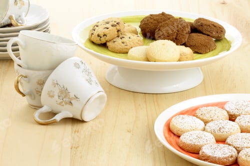 Preview: Fresh Stack Of Chocolate Chips Cookies, Chocolate Cookies, Shortbread Cookies And Tea Cups. Shallow