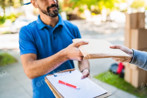 Preview: Portrait Of A Delivery Man Making Home Delivery To His Customer. Delivery And Shipping Concept.