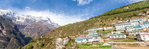 Preview: Namche Bazaar Village On The Way To Everest Base. Nepal. Asia. Web Banner In Panoramic View