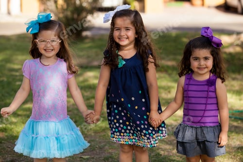 Preview: Portrait Of Three Little Girls Smiling And Holding Hands In A Park On A Sunny Day