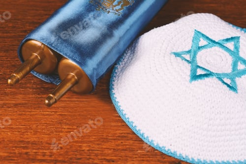 Preview: Torah With Kippah On Wooden Background. Jewish Religion Concept