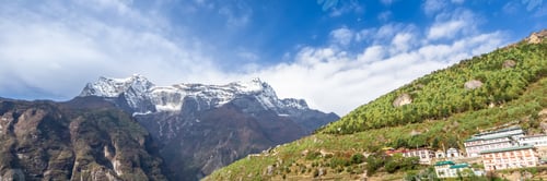 Preview: Namche Bazaar Village On The Way To Everest Base. Nepal. Asia. Web Banner In Panoramic View