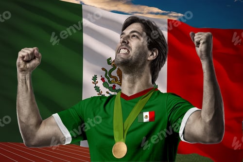 Preview: Mexican Athlete Winning A Golden Medal In Front Of A Mexican Flag.