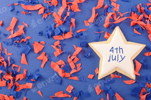 Preview: Patriotic Cookies For 4Th Of July On Confetti Background. Independence Day Concept