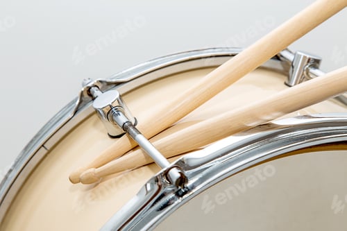 Preview: Wood Snare Drum And Drumsticks Isolated In White Background