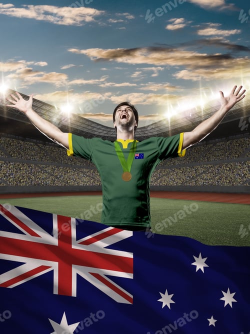 Preview: Australian Athlete Winning A Golden Medal With A Australian Flag In Front.
