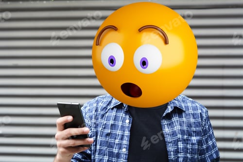 Preview: Surprise Emoji Head Man Using A Smartphone. Emoji Concept