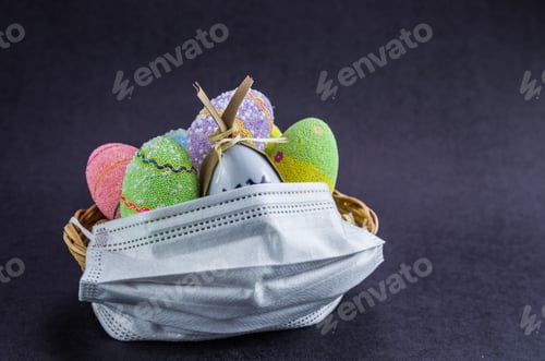 Preview: Easter In The Season Of Sars-Cov-2, Covid 19, Easter Basket With Face Mask For Virus Protection.