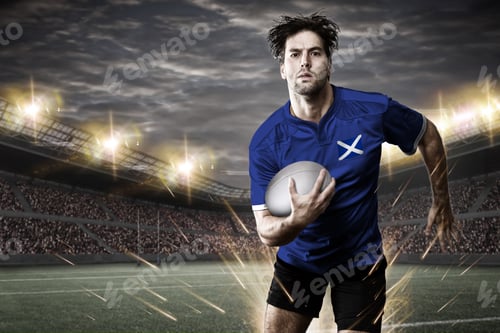Preview: Scottish Rugby Player, Wearing A Blue Uniform In A Stadium.