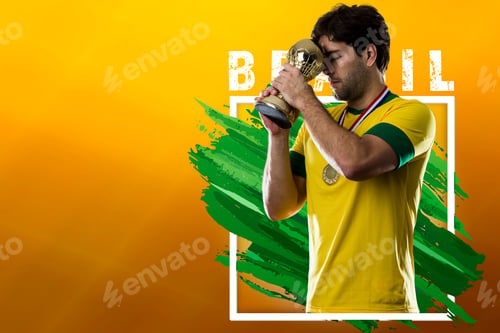 Preview: Brazilian Soccer Player, Celebrating On A Yellow Background With Copy Space.
