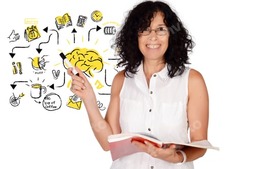 Preview: Portrait Of Beautiful Business Woman Drawing Business Sketch. Business Concept. Isolated White