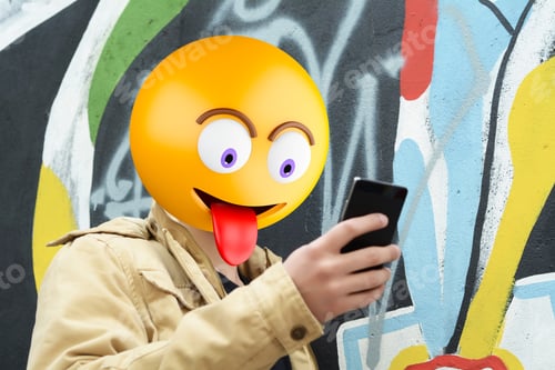 Preview: Emoji Head Man Using A Smartphone. Emoji Concept