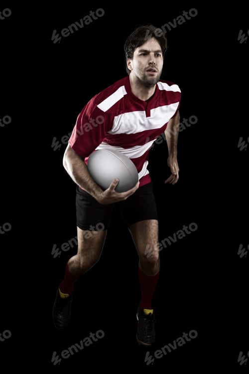 Preview: Rugby Player In A Red Uniform Running. Black Background