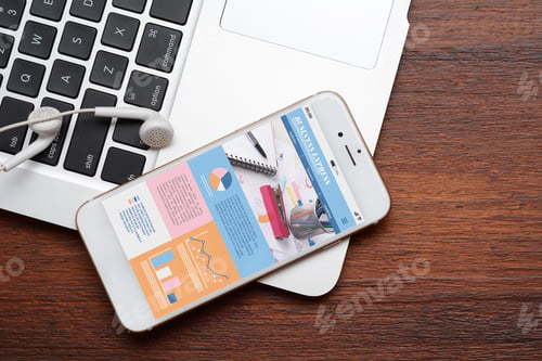 Preview: Close Up View Of Keyboard, Earphones And Smartphone With Statistics, Charts And Graphic Information