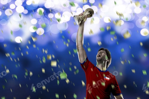 Preview: Chilean Soccer Player, Celebrating The Championship With A Trophy In His Hand. On A Blue Lights