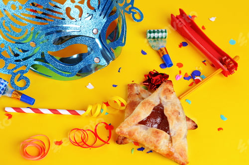 Preview: Top View Of Purim Background With Carnival Mask, Party Costume And Hamantaschen Cookies. Purim