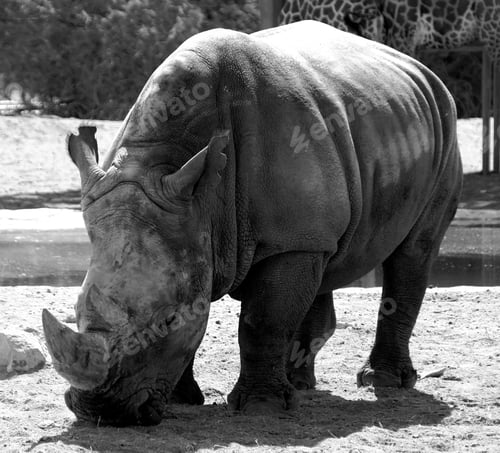 Preview: A Huge Grey Rhino In Black And White In The Wild Eating