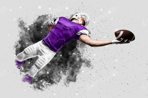 Preview: Football Player With A Purple Uniform Coming Out Of A Blast Of Smoke, Catching A Ball.