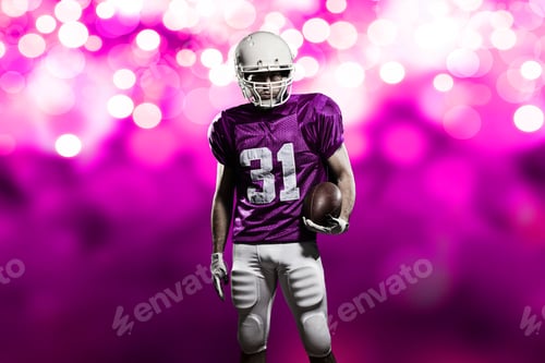 Preview: Football Player On A Pink Uniform, On A Pink Lights Background.