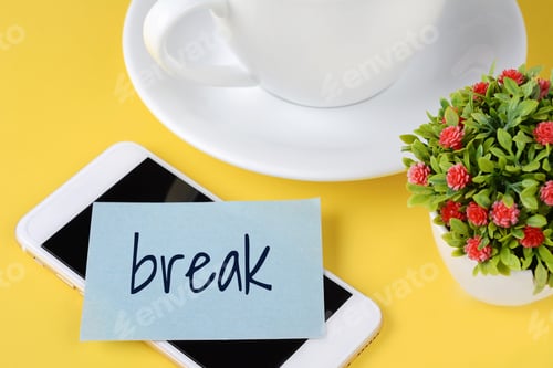 Preview: Paper Card With "Break" Text, Cup Of Coffee And Phone On A Yellow Background.
