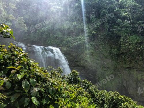 Preview: Beautiful Aerial View Of Big Waterfall In Costa Rica Inside The Mountains