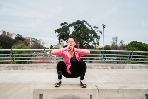 Preview: Portrait Of An Athletic Woman Doing Exercise At The Park Outdoors. Sport And Healthy Lifestyle