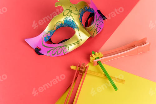 Preview: Top View Of Purim Background With Carnival Mask And Party Costume. Purim Celebration Concept